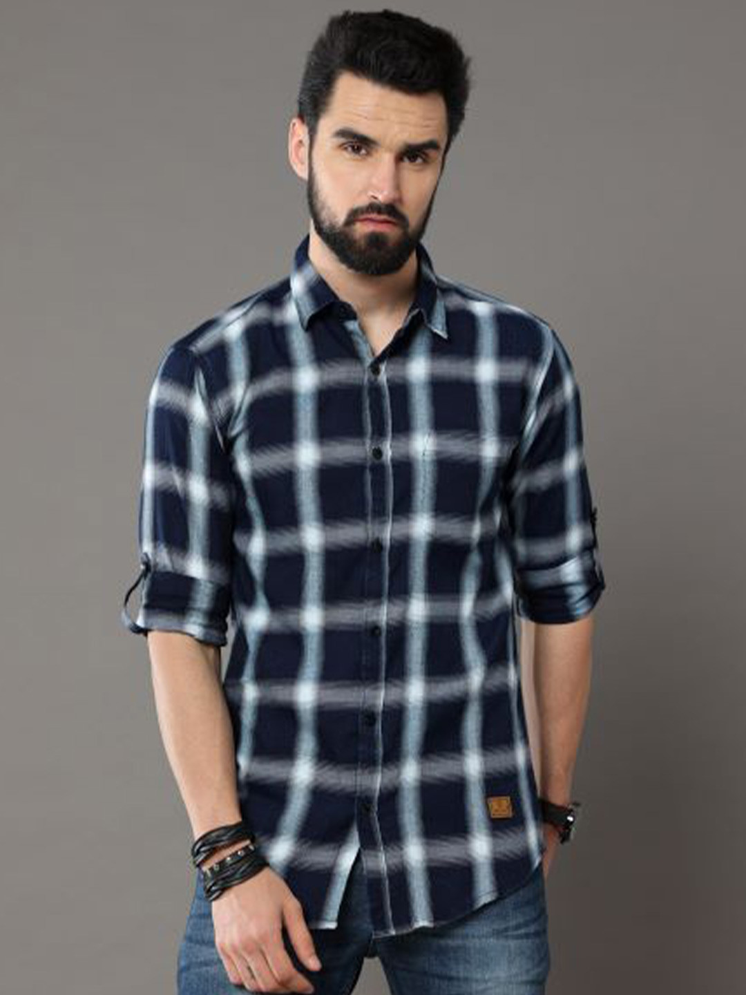 

Tallwalker Checked Spread Collar Straight Slim Fit Tartan Checks Opaque Casual Shirt, Navy blue