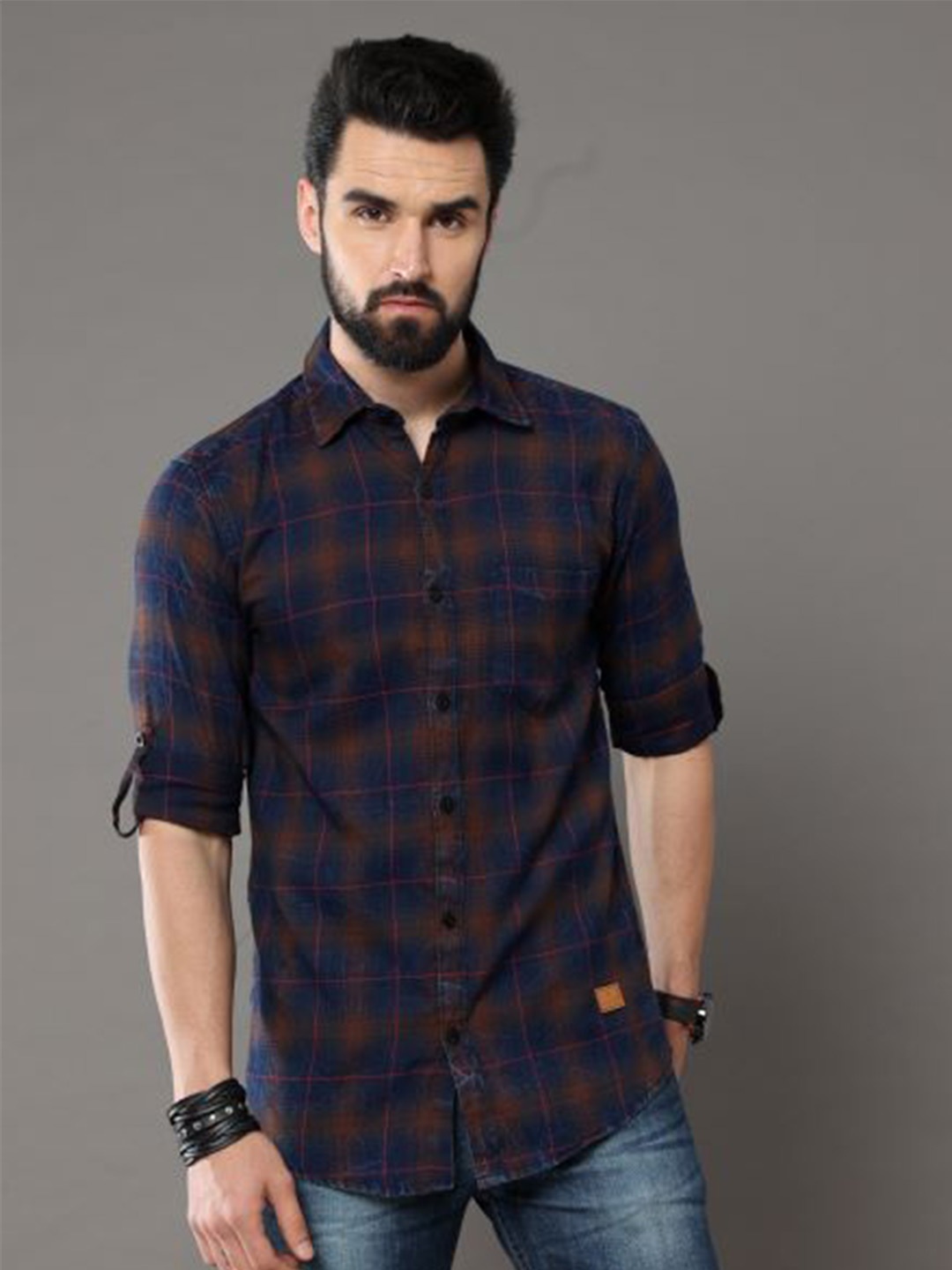 

Tallwalker Tartan Checks Straight Slim Fit Cotton Casual Shirt, Brown