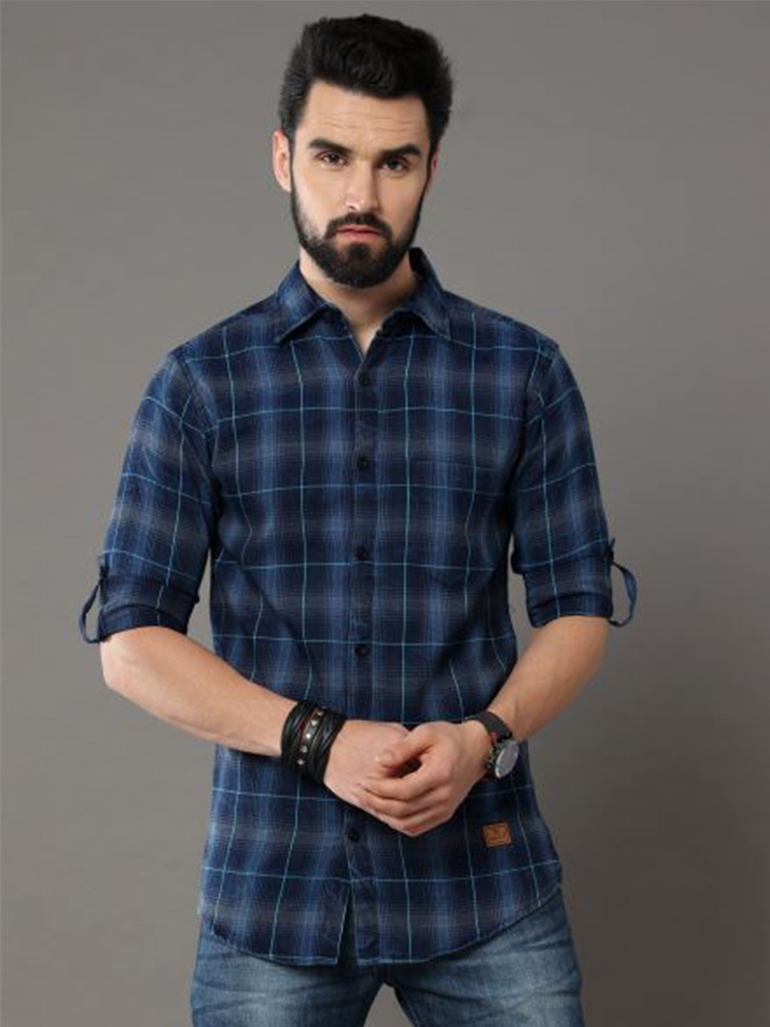 

Tallwalker Tartan Checked Straight Slim Fit Twill Cotton Casual Shirt, Blue