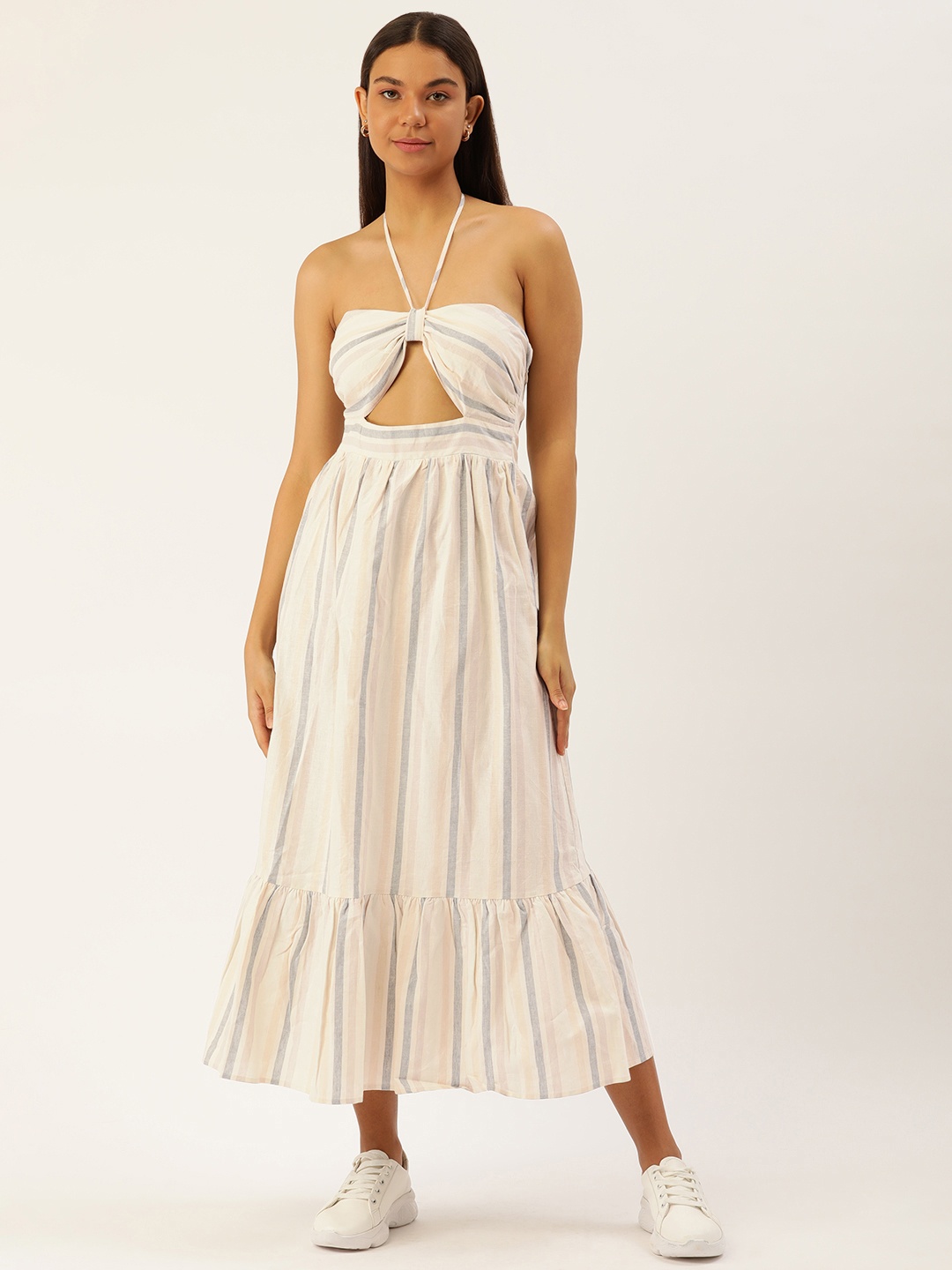 

FOREVER 21 Striped Halter Neck Linen Cotton Maxi Dress, Off white