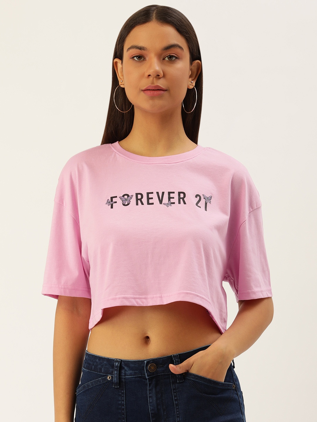 

FOREVER 21 Women Brand Logo Printed Drop-Shoulder Sleeves T-shirt, Pink
