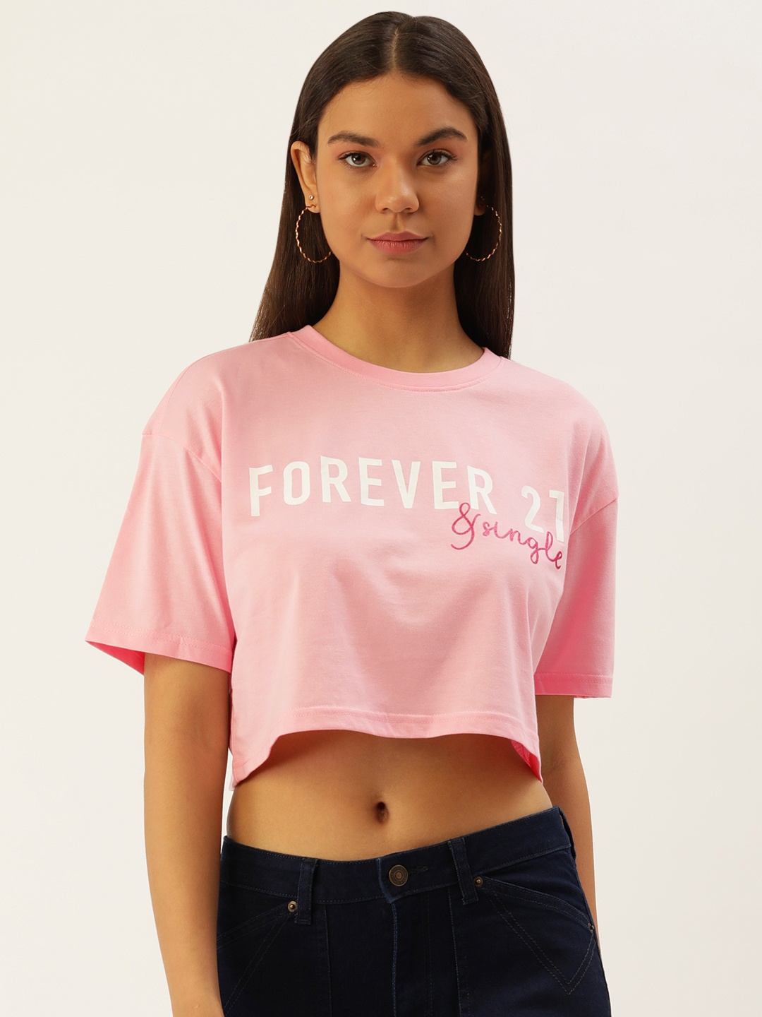 

FOREVER 21 Women Brand Logo Printed Drop-Shoulder Sleeves T-shirt, Pink