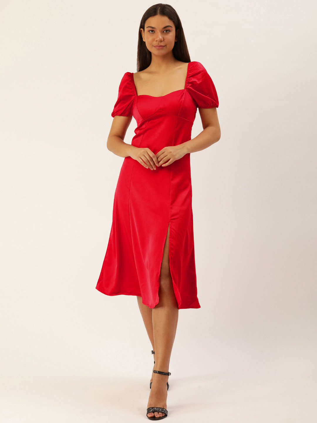 

FOREVER 21 Solid A-Line Midi Dress, Red