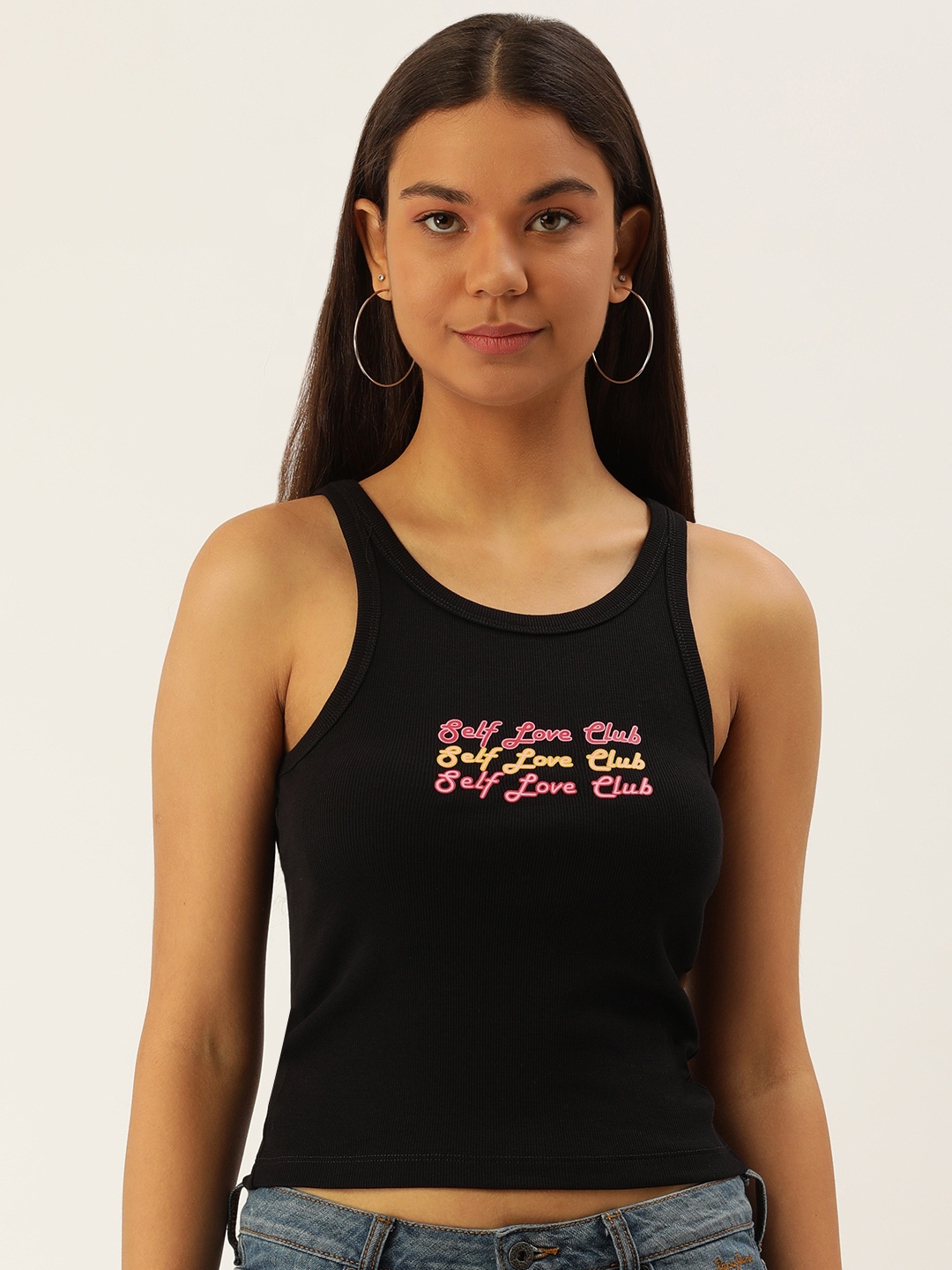 

FOREVER 21 Typography Printed Sleeveless Tank Crop Top, Black