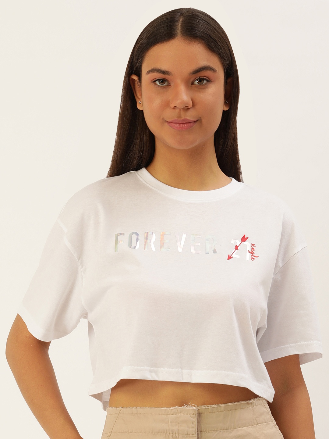 

FOREVER 21 Brand Logo Print Extended Sleeves Boxy Crop Top, White