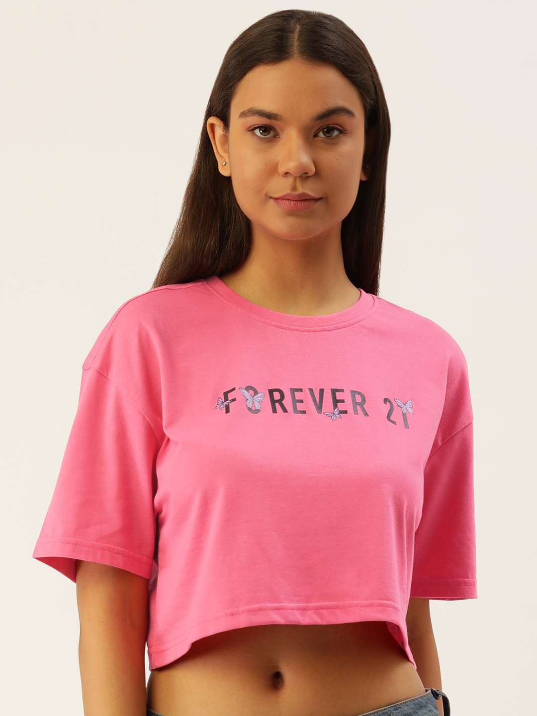 

FOREVER 21 Women Brand Logo Printed Drop-Shoulder Sleeves T-shirt, Pink
