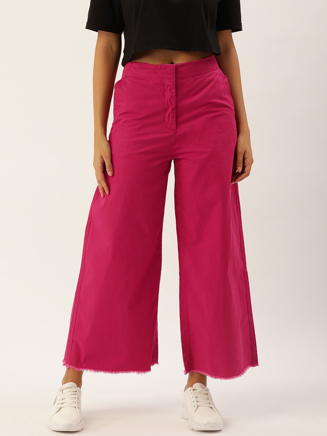 

FOREVER 21 Women Pure Cotton Solid Wide Leg Trousers, Red
