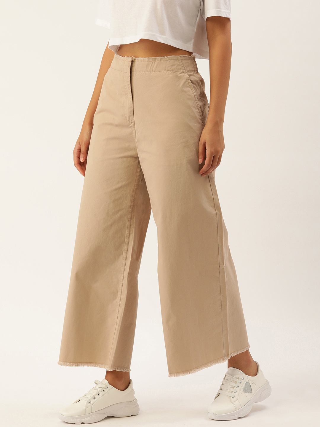 

FOREVER 21 Women Pure Cotton Solid Wide Leg Trousers, Beige