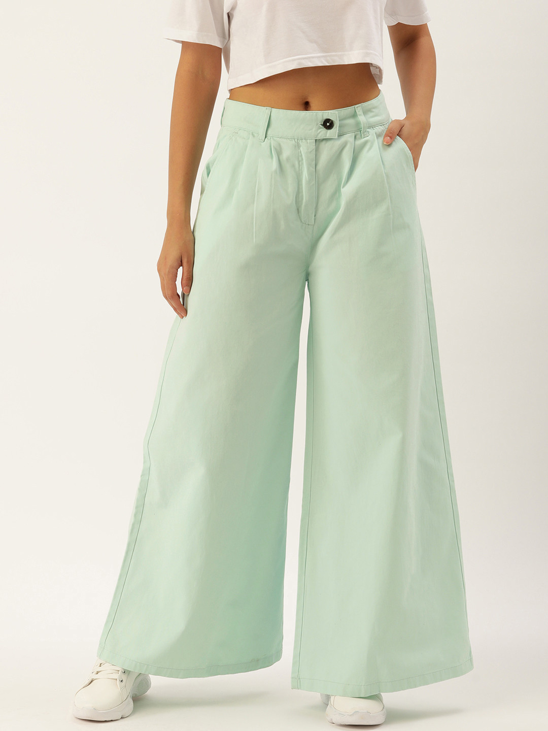 

FOREVER 21 Women Pure Cotton Solid Wide Leg Trousers, Green