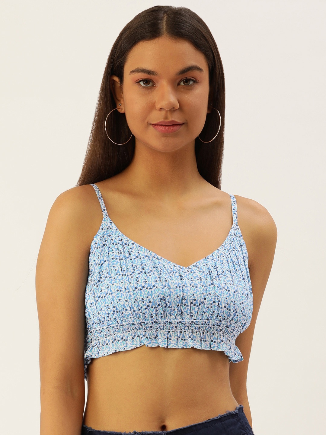 

FOREVER 21 Floral Printed Pure Cotton Smocked Crop Top, Blue