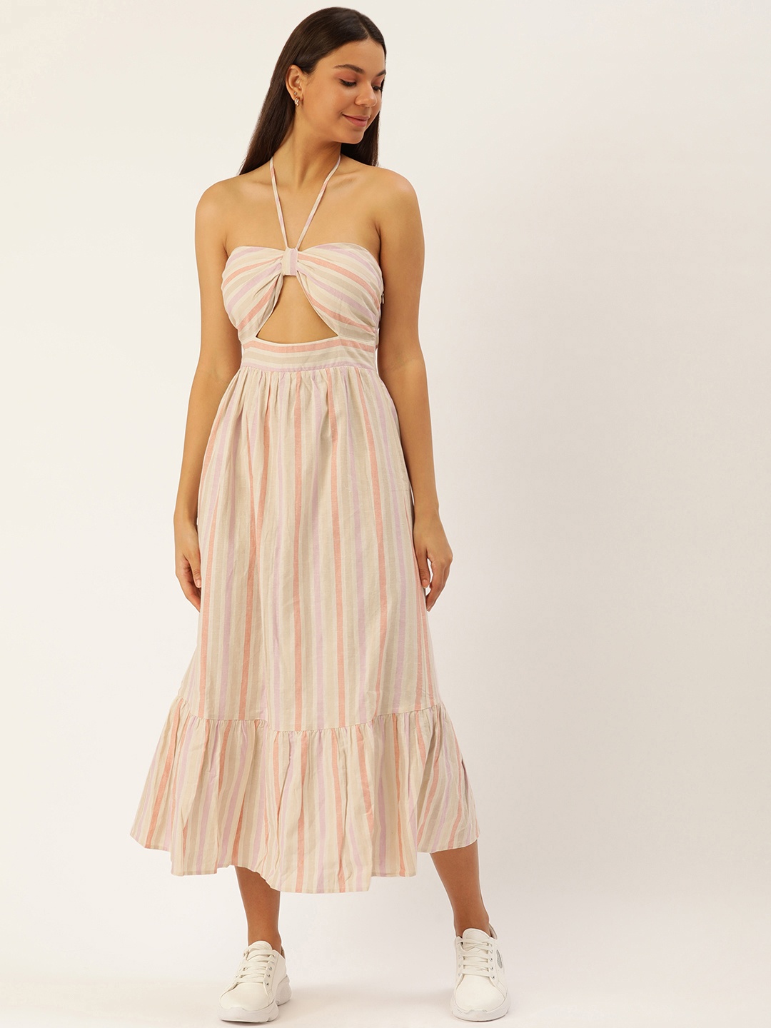 

FOREVER 21 Striped Halter Neck Linen Cotton A-Line Maxi Dress, Off white