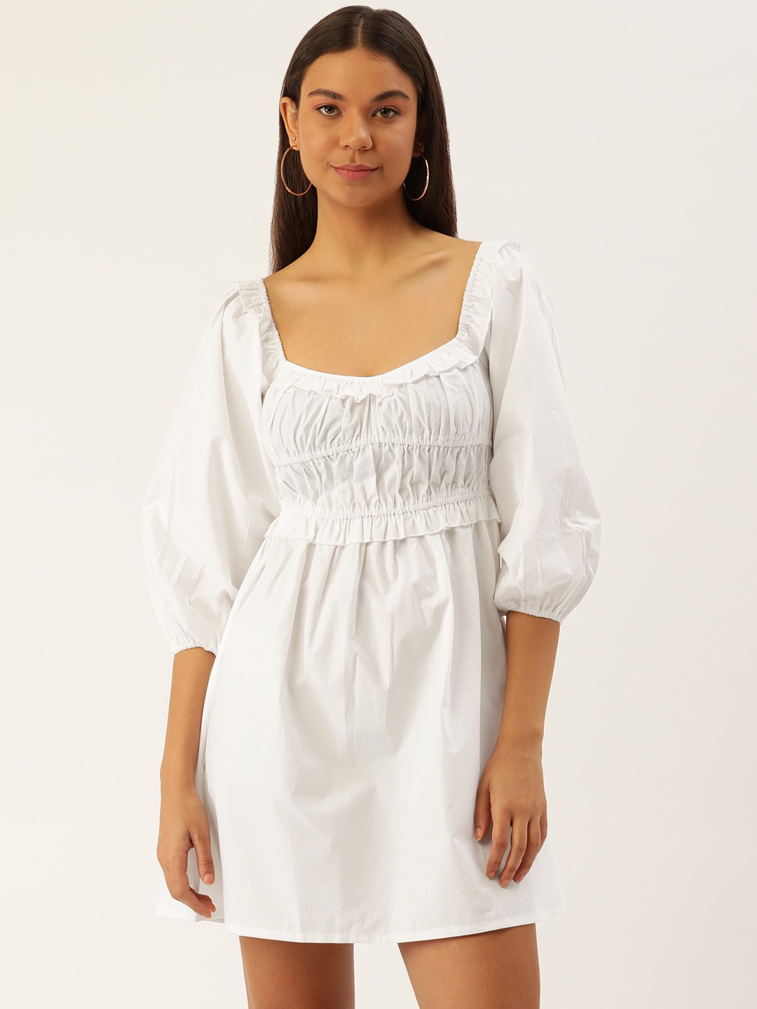 

FOREVER 21 Pure Cotton Solid Smocked Puff Sleeves A-Line Mini Dress, White