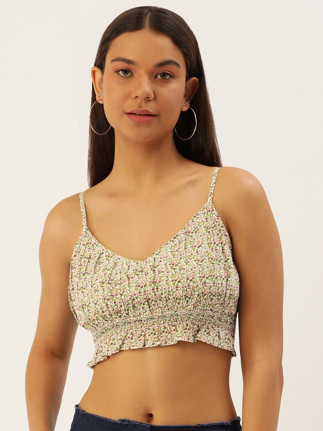 

FOREVER 21 Pure Cotton Print Smocked Crop Top, Multi