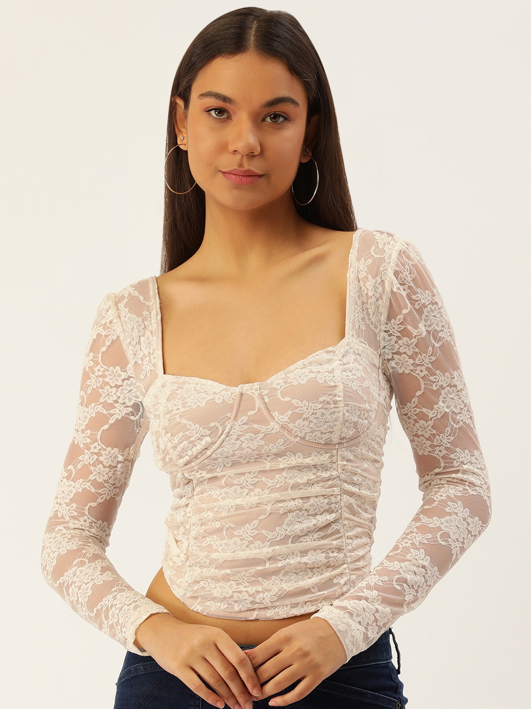 

FOREVER 21 Floral Self Design Blouson Crop Top With Lace Inserts, White