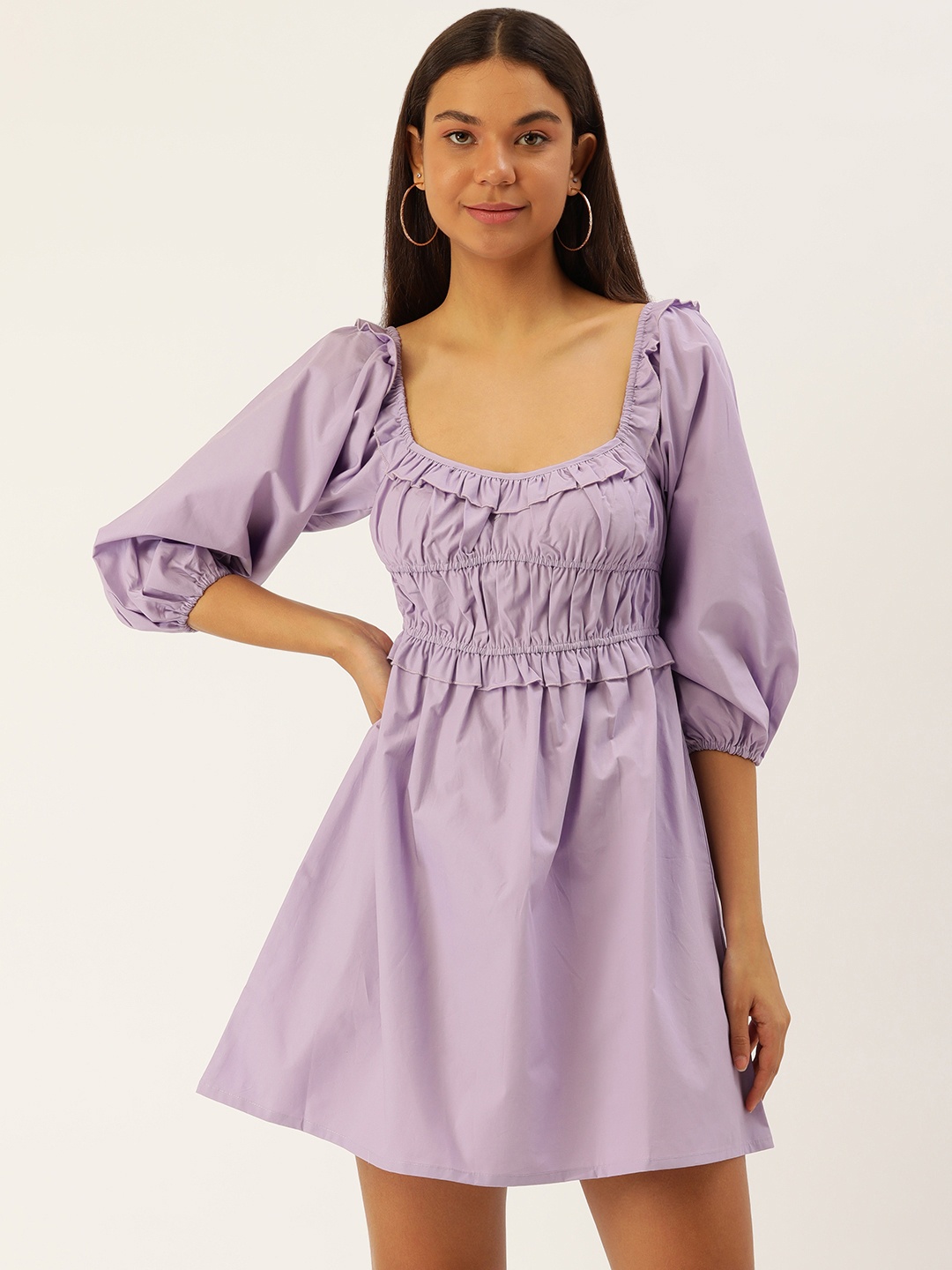 

FOREVER 21 Pure Cotton Solid Smocked Puff Sleeves A-Line Mini Dress, Lavender