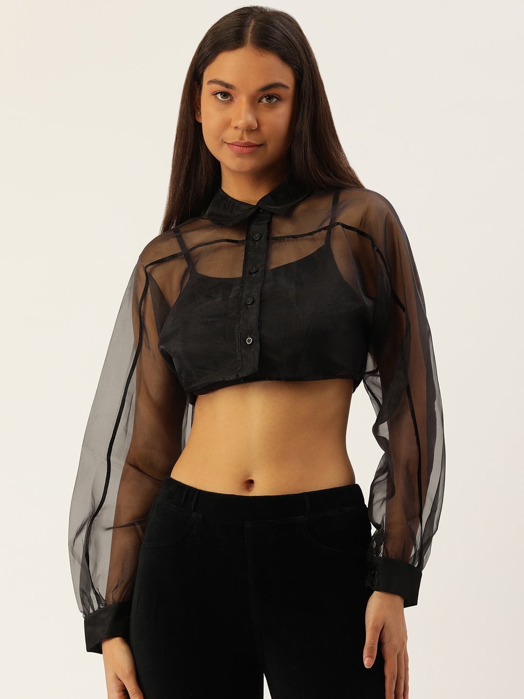 

FOREVER 21 Solid Sheer Shirt Style Crop Top, Black