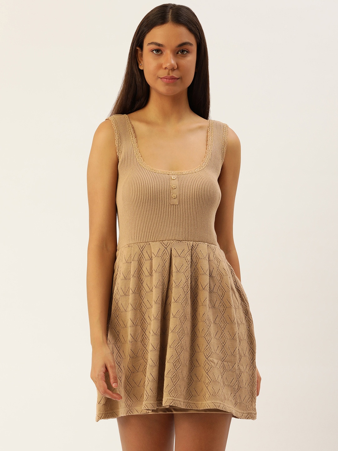 

FOREVER 21 Pure Cotton Self Design Ribbed Fit & Flare Mini Dress, Tan