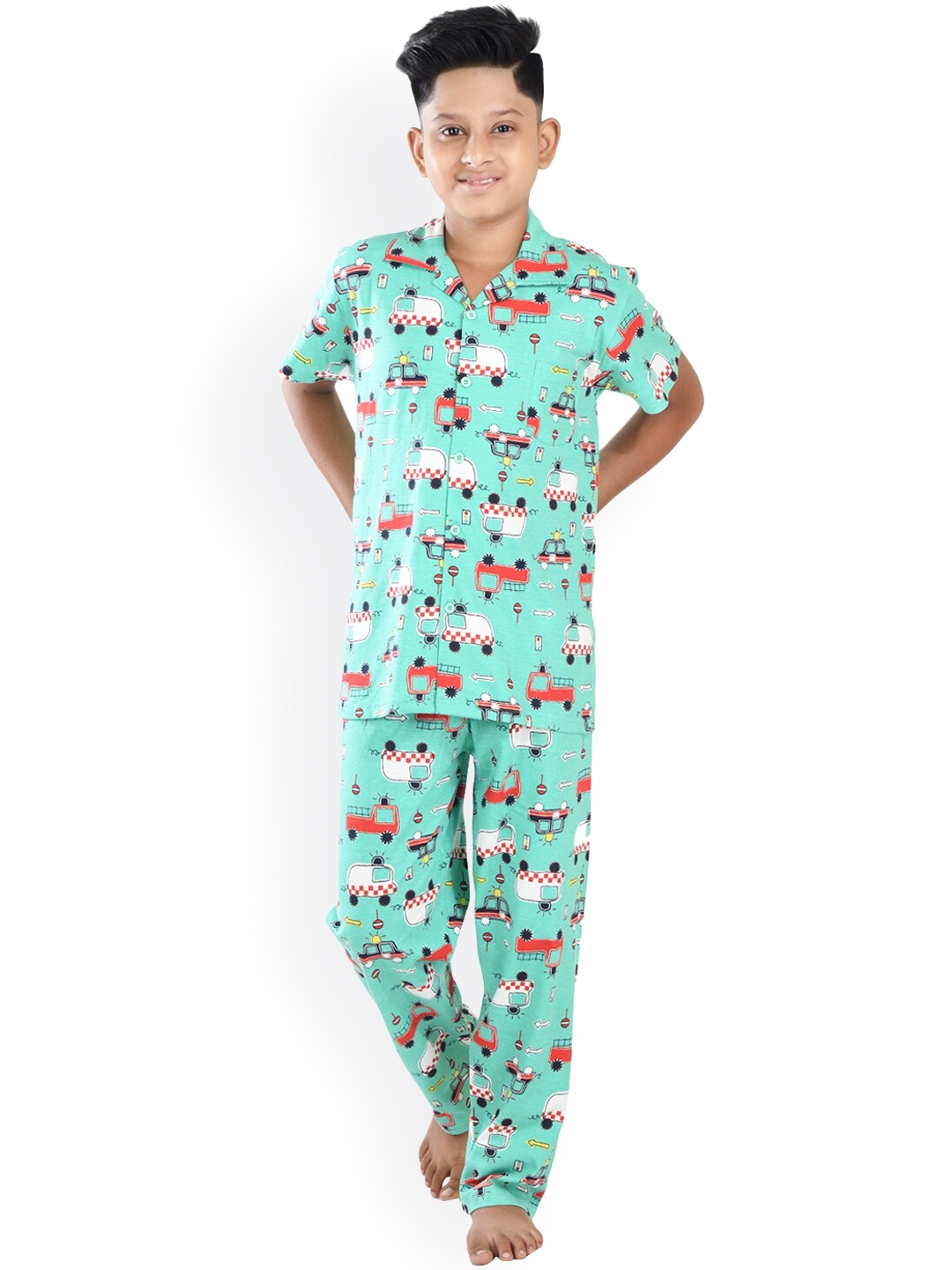 

Clothe Funn Boys Conversational Printed Pure Cotton Night Suit, Green