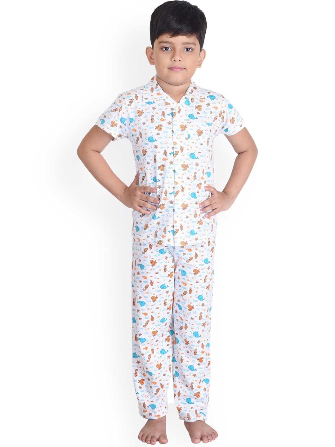 

Clothe Funn Boys Conversational Printed Pure Cotton Night Suit, White