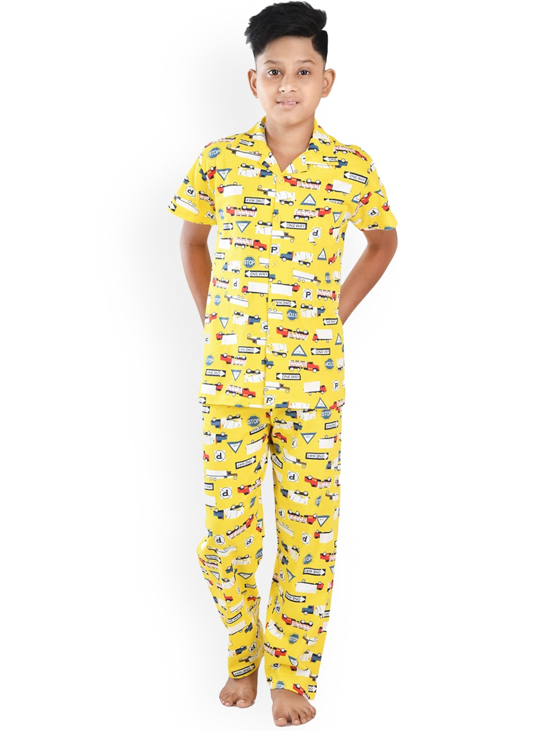 

Clothe Funn Boys Conversational Printed Pure Cotton Night Suit, Yellow