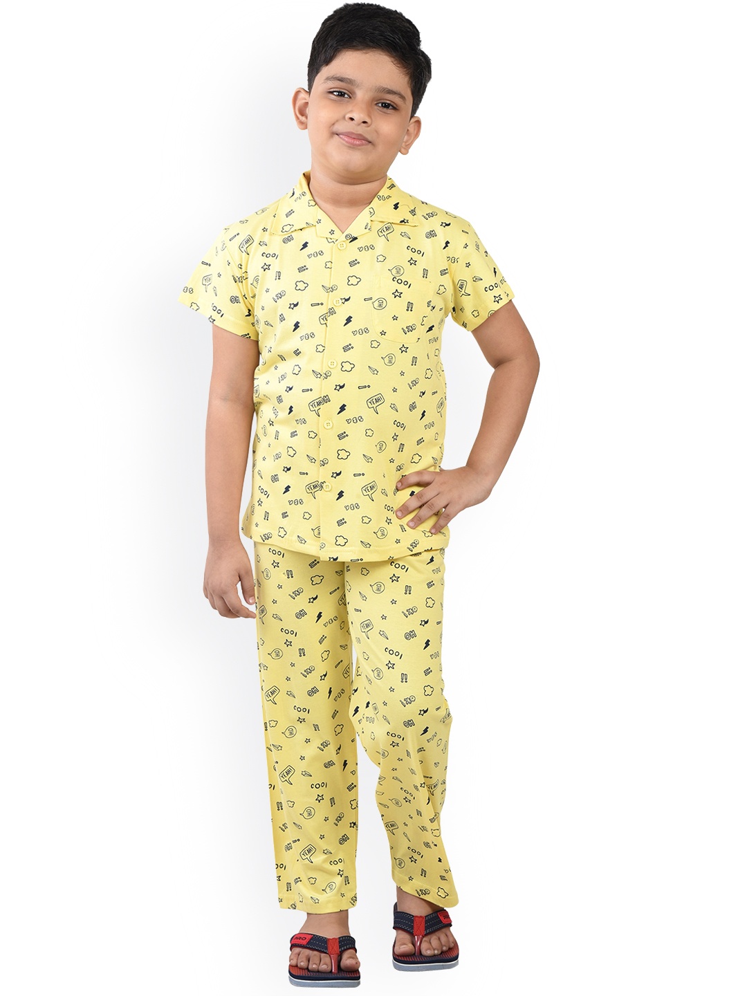 

Clothe Funn Boys Conversational Printed Pure Cotton Night Suit, Yellow