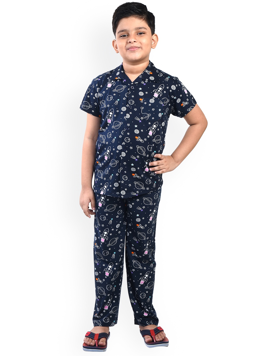 

Clothe Funn Boys Conversational Printed Pure Cotton Night Suit, Navy blue