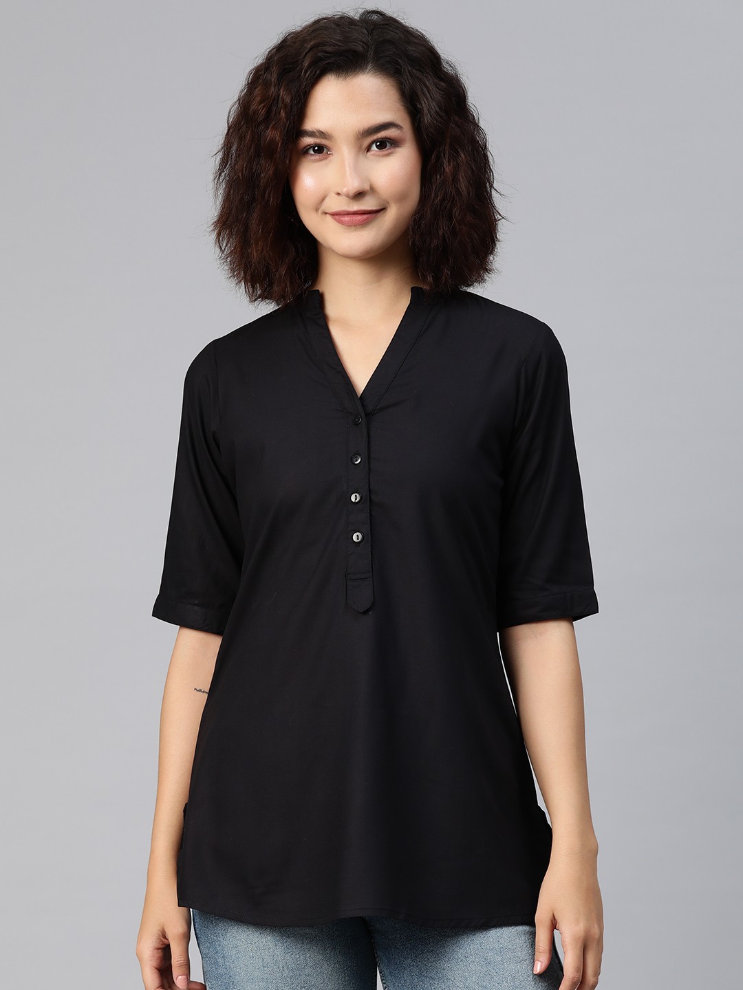 

Ayaany Mandarin Collar Cotton Shirt Style Longline Top, Black