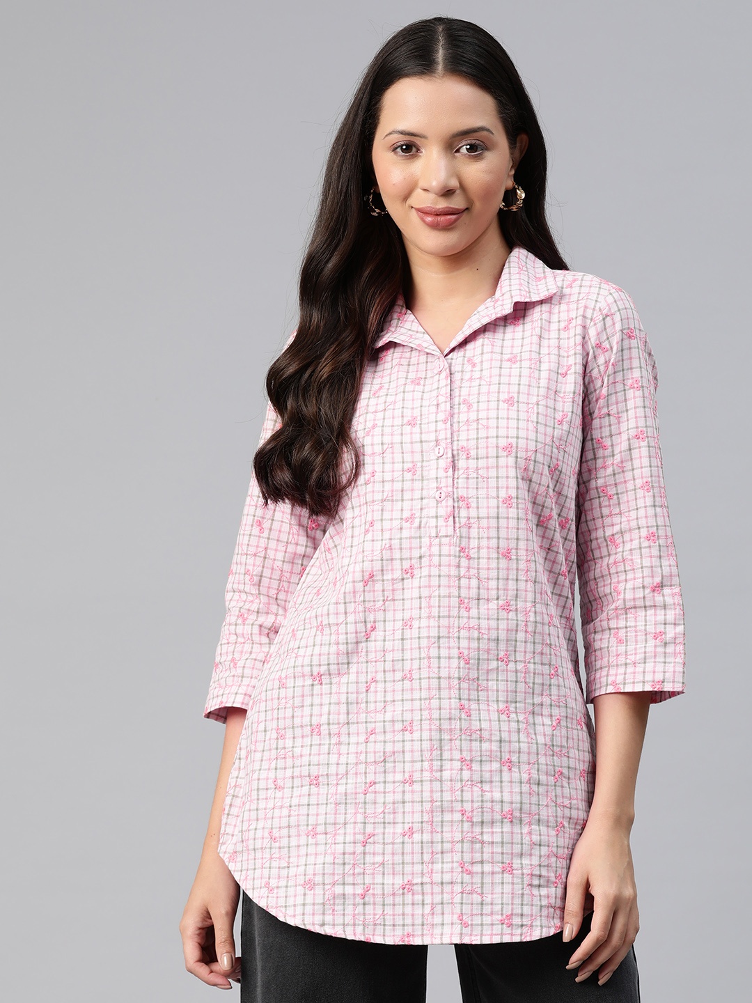 

Ayaany Floral Embroidered Checked Cotton Shirt Style Longline Top, Pink