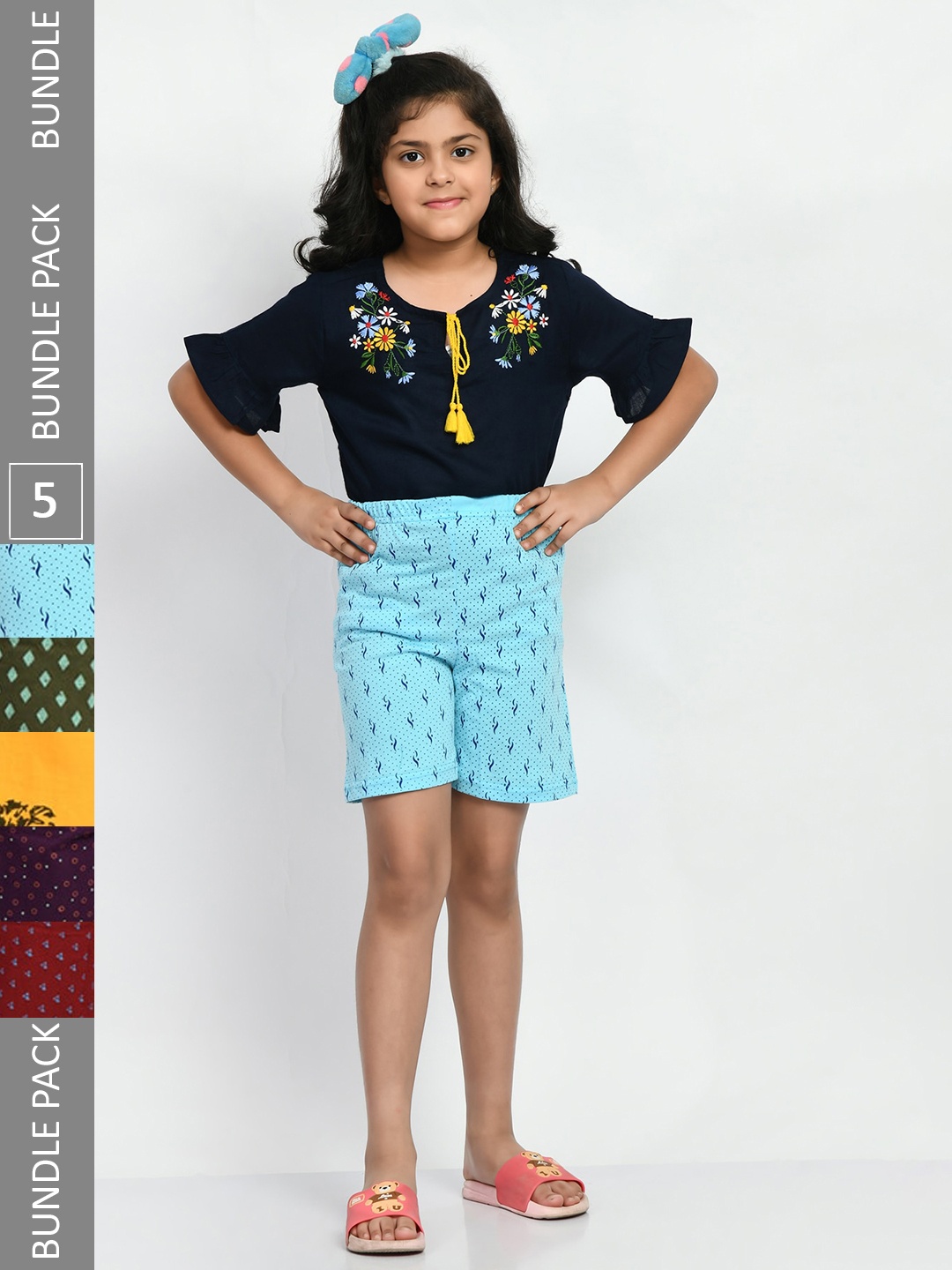 

BAESD Girls Pack Of 5 Geometric Printed Pure Cotton Shorts, Blue