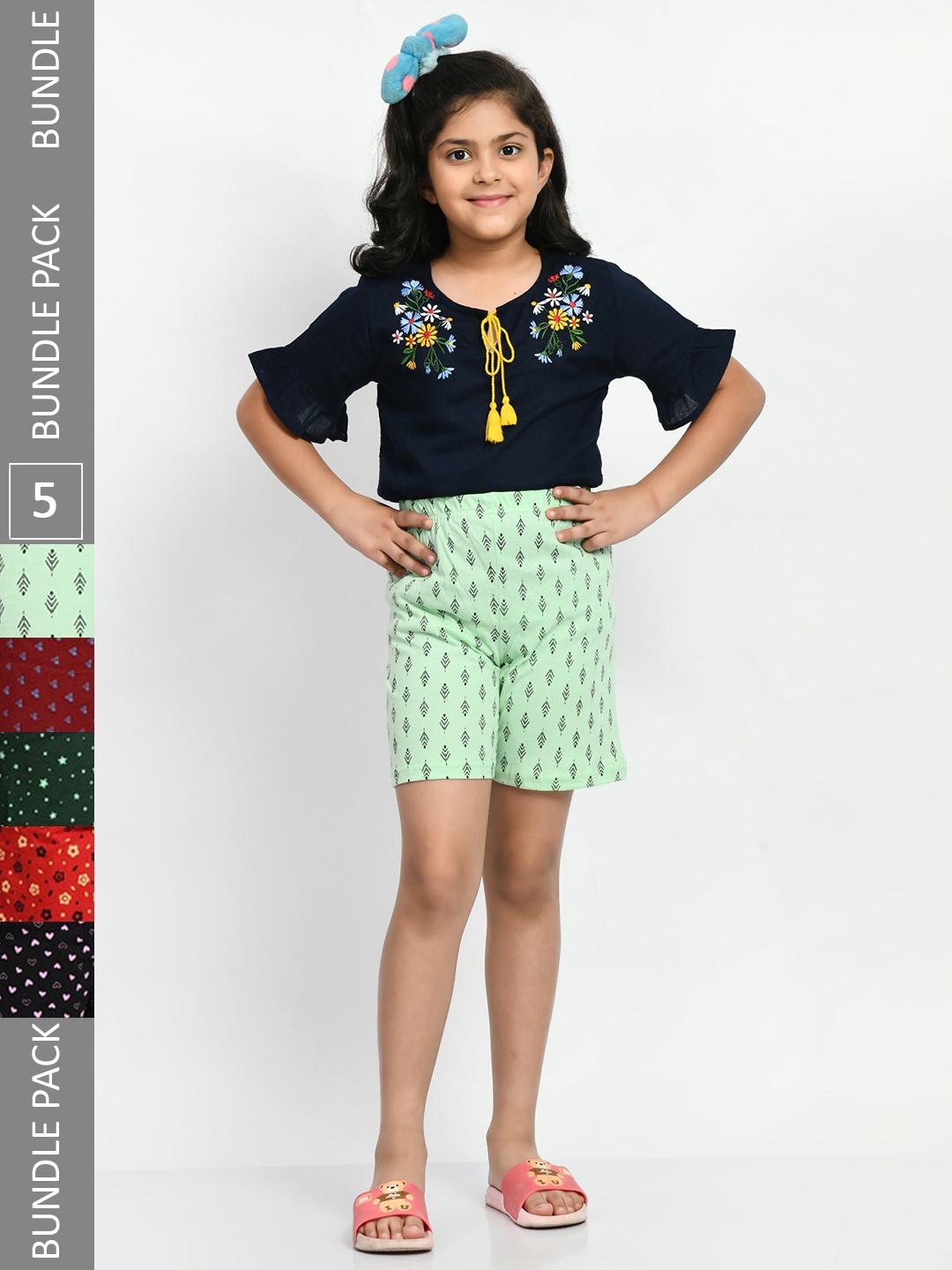 

BAESD Girls Pack of 5 High-Rise Conversational Printed Pure Cotton Shorts, Green