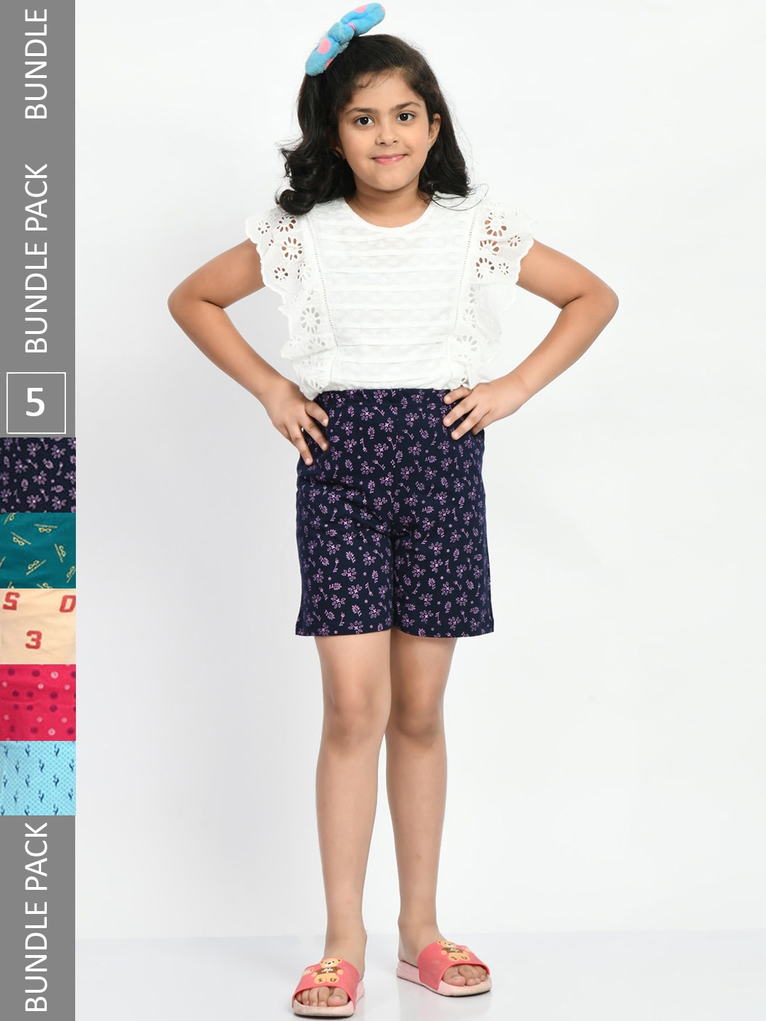 

BAESD Girls Pack Of 5 Floral Printed Pure Cotton Shorts, Cream