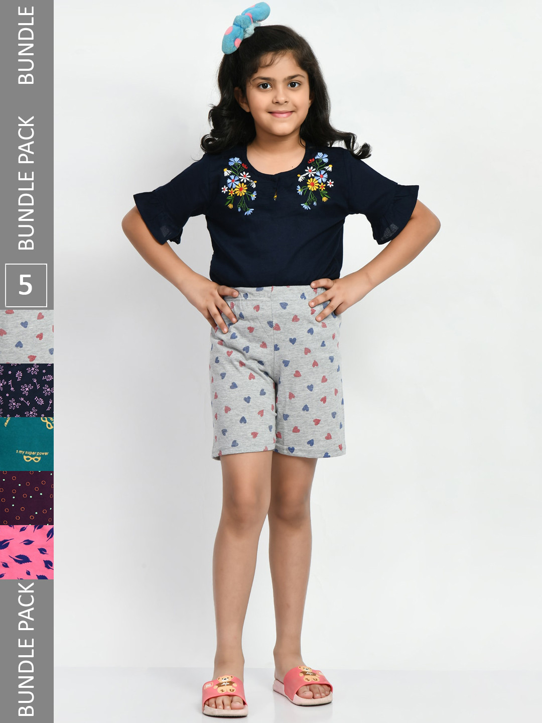 

BAESD Girls Pack Of 5 Floral Printed Pure Cotton Shorts, Grey