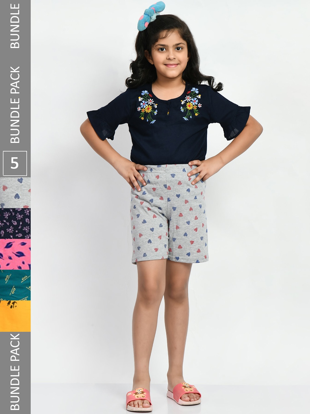 

BAESD Girls Pack Of 5 Floral Printed Pure Cotton Shorts, Grey