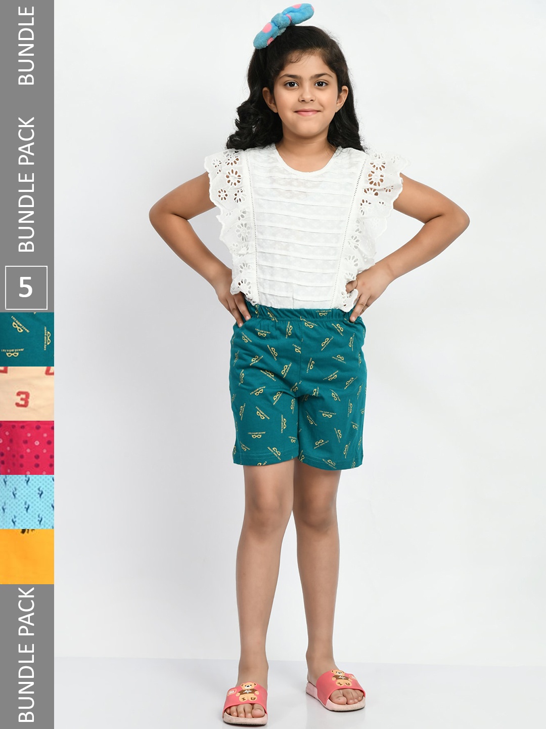 

BAESD Girls Pack Of 5 Printed High-Rise Pure Cotton Shorts, Blue
