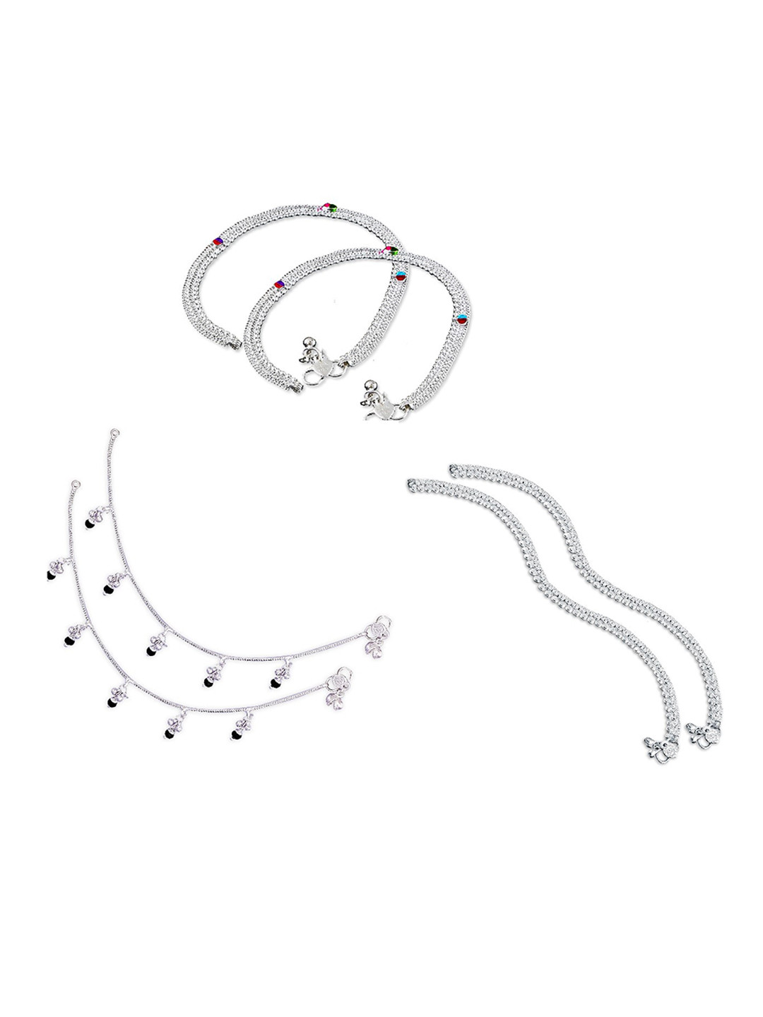 

RUHI COLLECTION Set Of 3 Silver-Plated Stone-Studded Anklets
