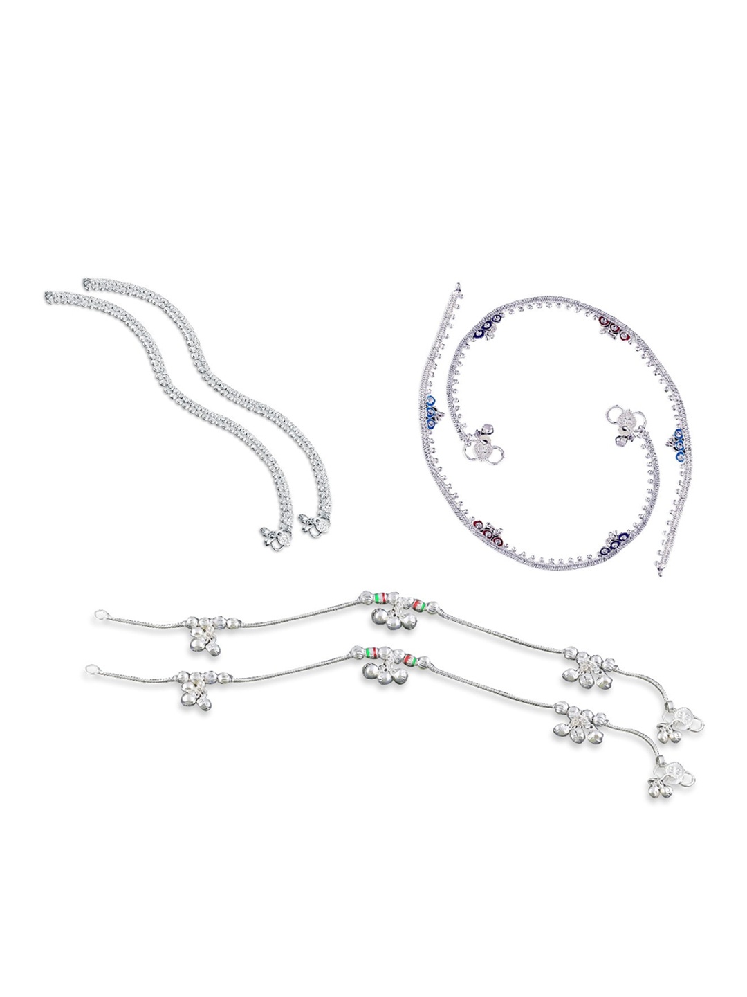 

RUHI COLLECTION Set Of 3 Silver-Plated Stone-Studded Anklets