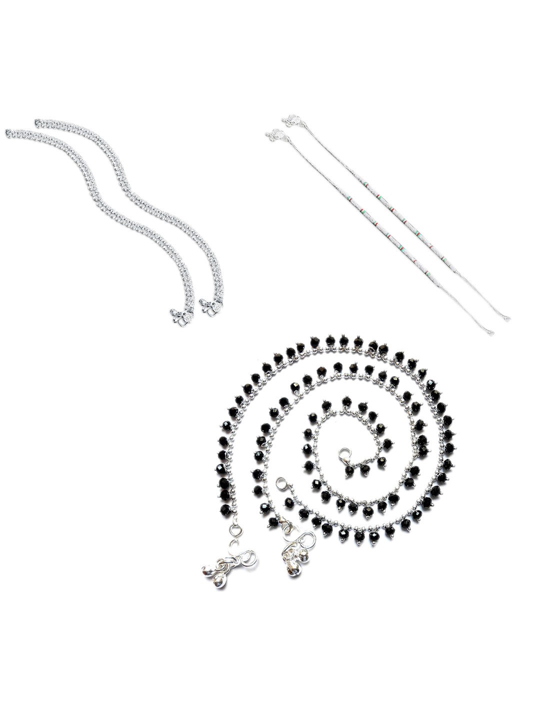 

RUHI COLLECTION Set Of 3 Silver-Plated Intricated & Beaded Anklets