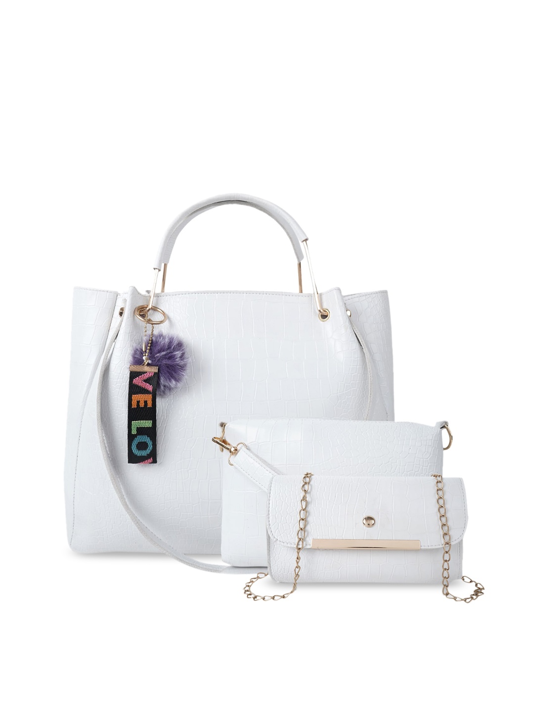 

DressBerry Pack Of 3 White & Gold-Toned Textured Structured Handheld Bag With Tasselled