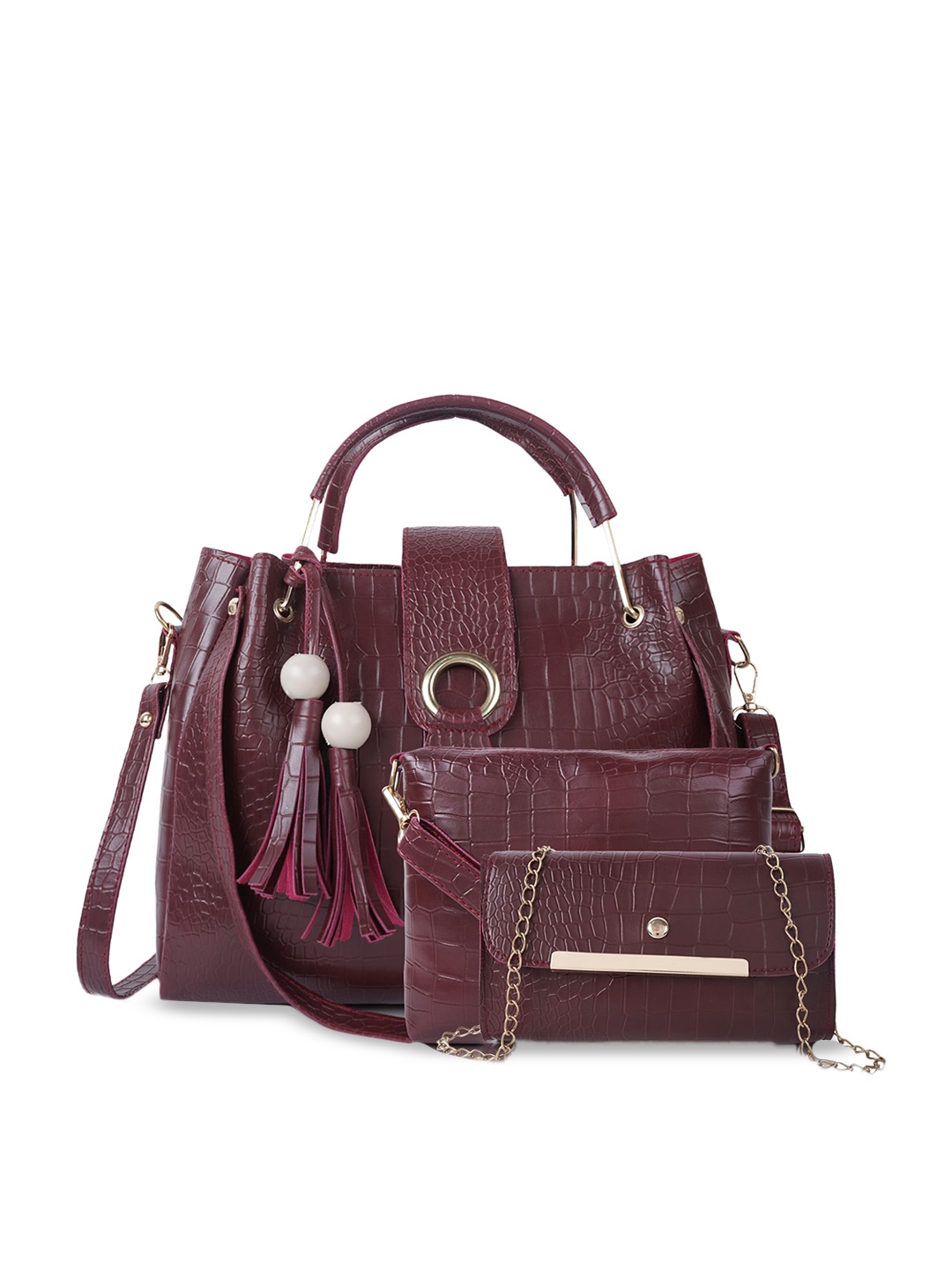 

DressBerry Pack Of 3 Maroon & Gold-Toned Textured Structured Handheld Bag With Tasselled