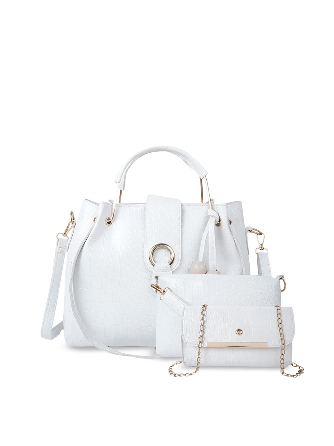 

DressBerry Pack Of 3 White & Gold-Toned Textured Structured Handheld Bag With Tasselled