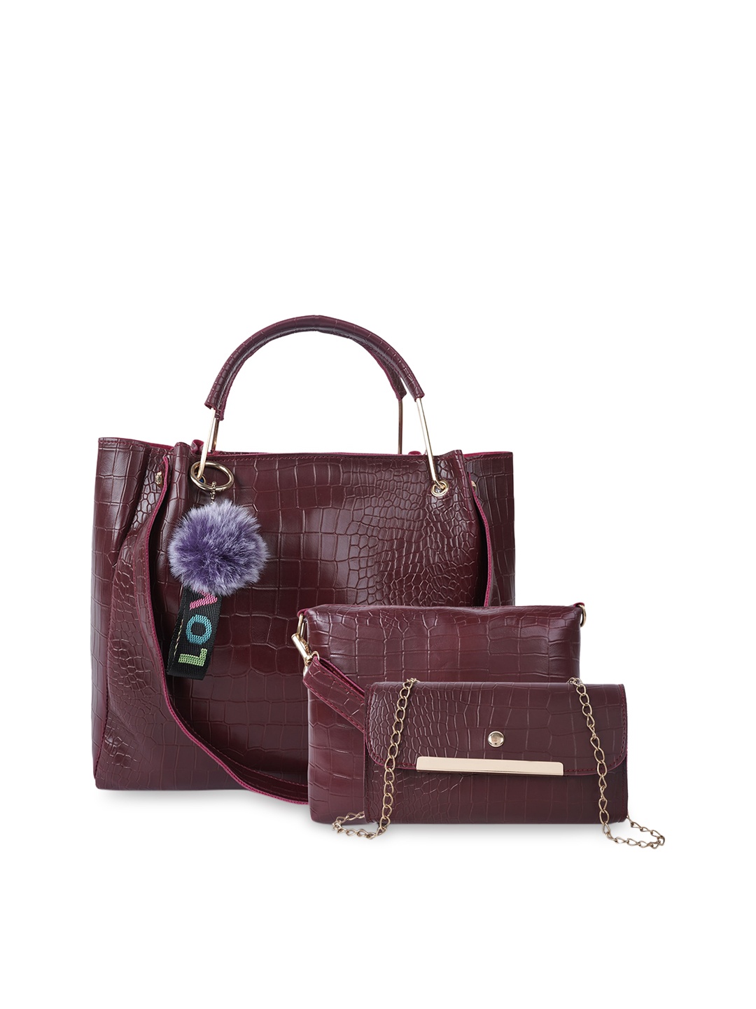 

DressBerry Pack Of 3 Maroon & Gold-Toned Textured Structured Handheld Bag With Tasselled