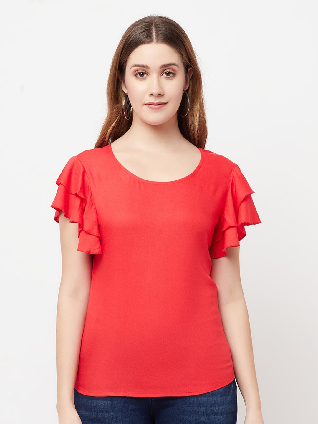 

GLITO Round Neck Flutter Sleeve Cotton Top, Red