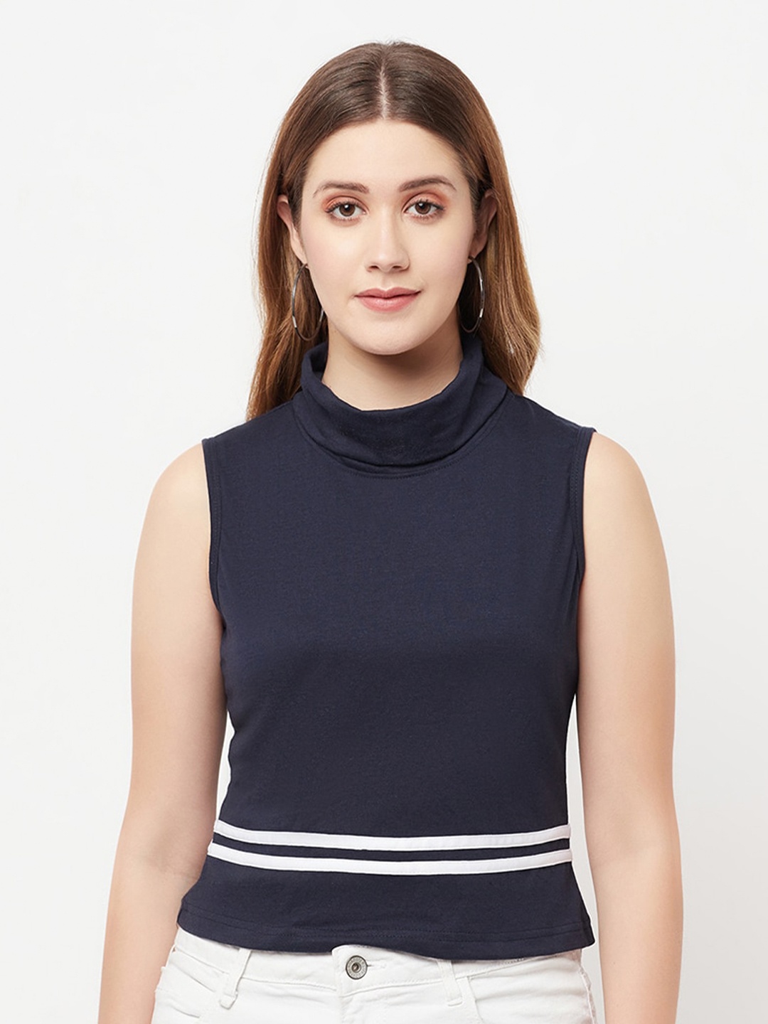 

GLITO High Neck Sleeveless Cotton Top, Navy blue