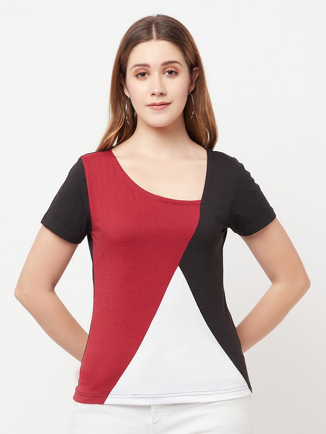 

GLITO Colourblocked Round Neck Cotton Top, Red