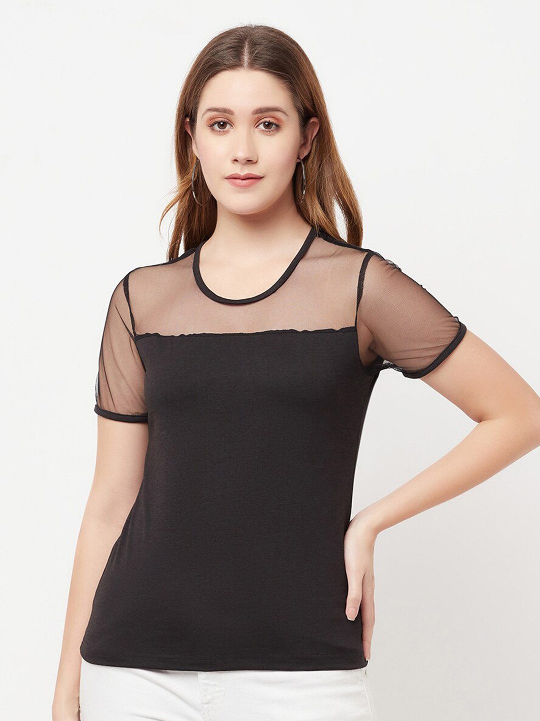 

GLITO Round Neck Short Sleeves Cotton Net Top, Black