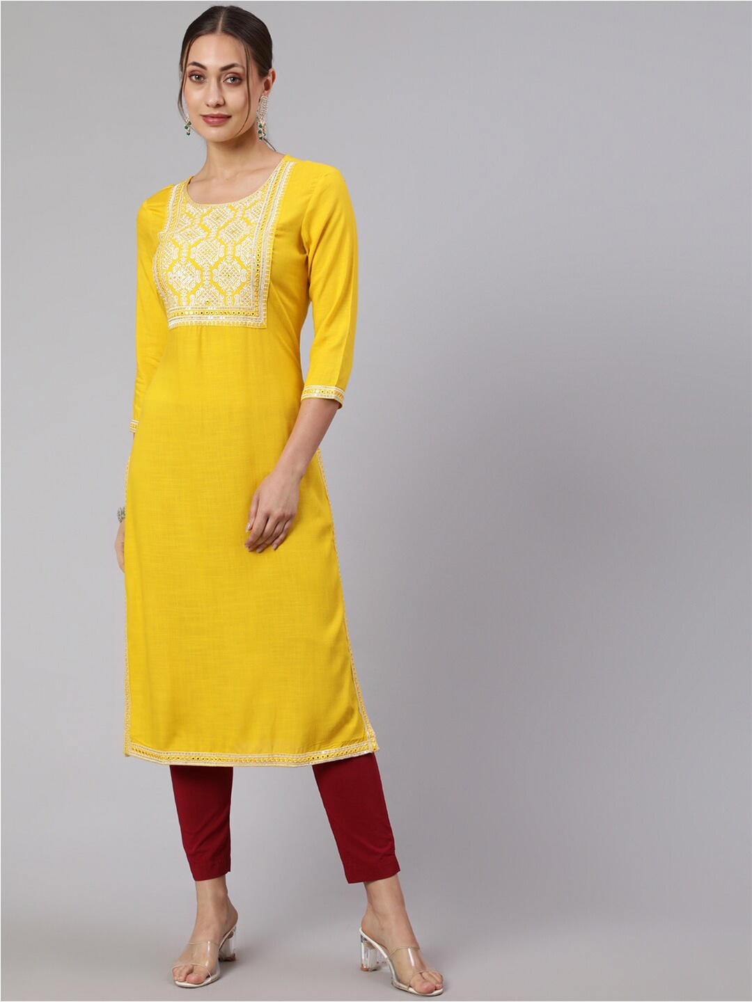 

KALINI Embroidered Yoke Design Straight Kurta, Mustard