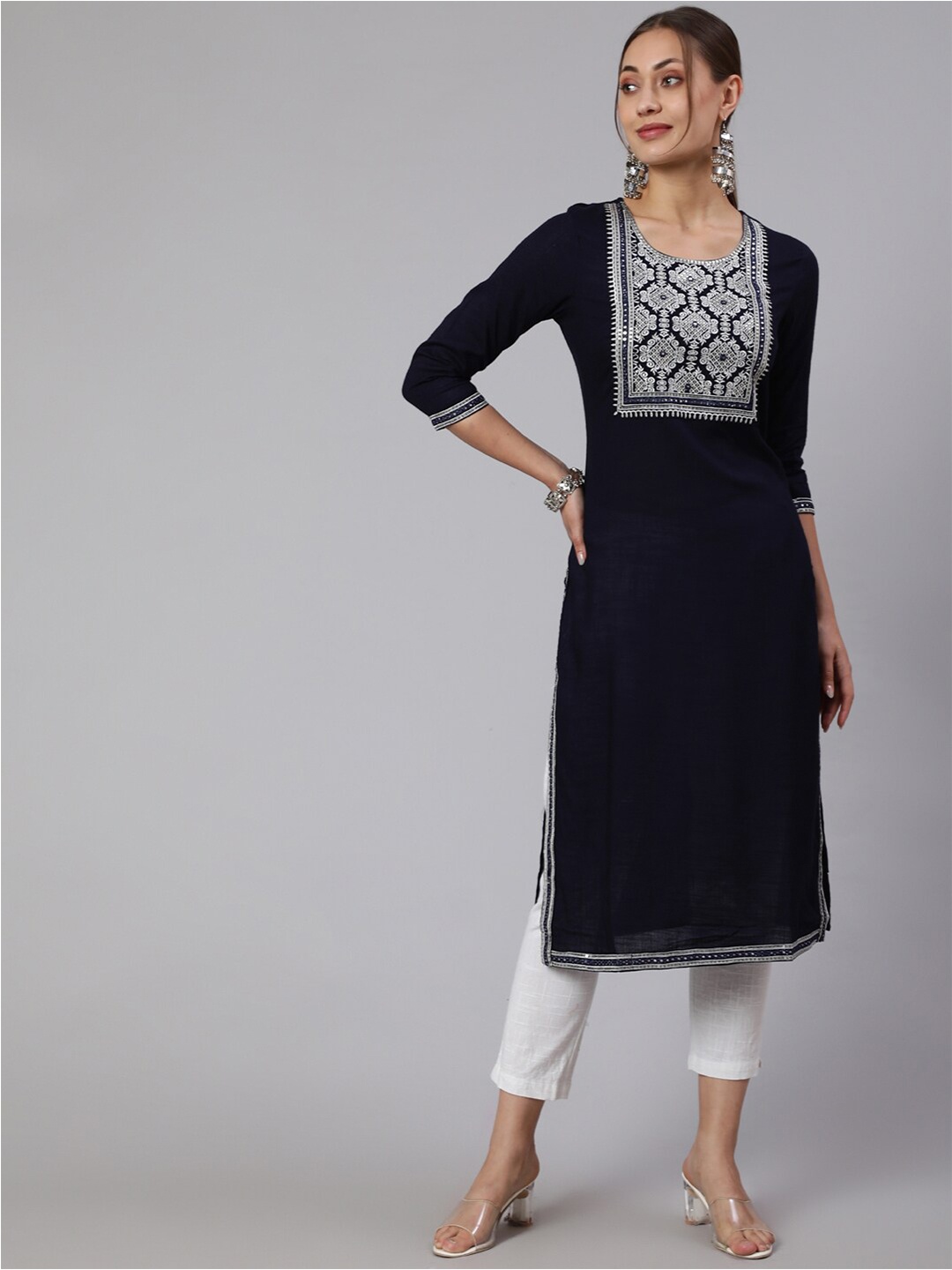 

KALINI Ethnic Motifs Yoke Design Thread Work Kurta, Blue
