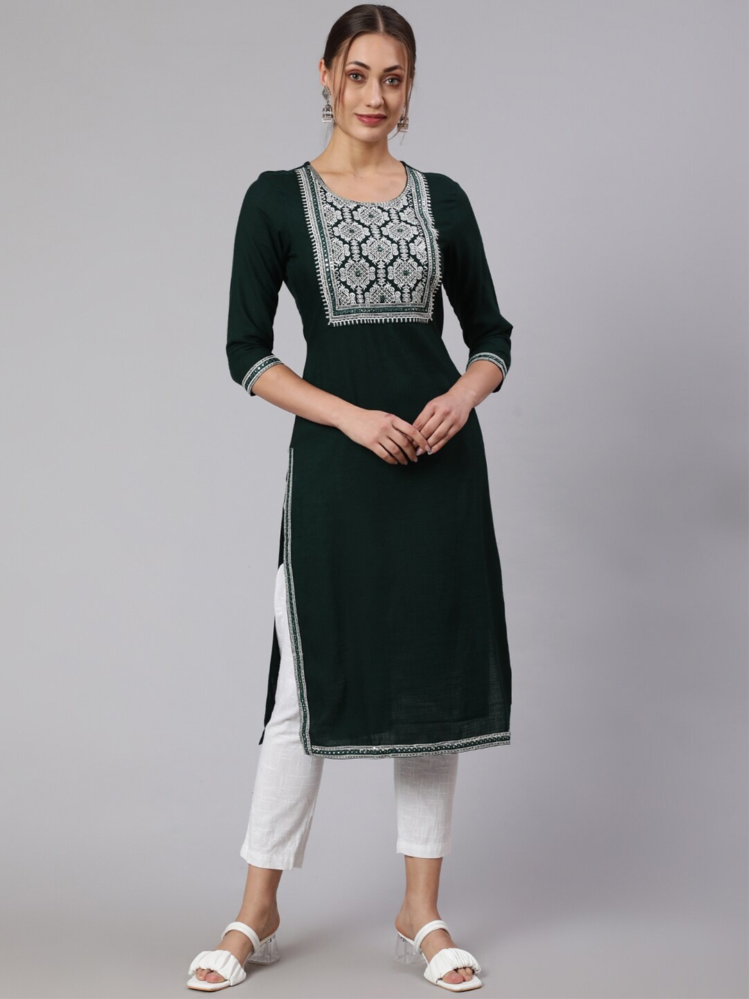 

KALINI Ethnic Motifs Yoke Design Thread Work Kurta, Green