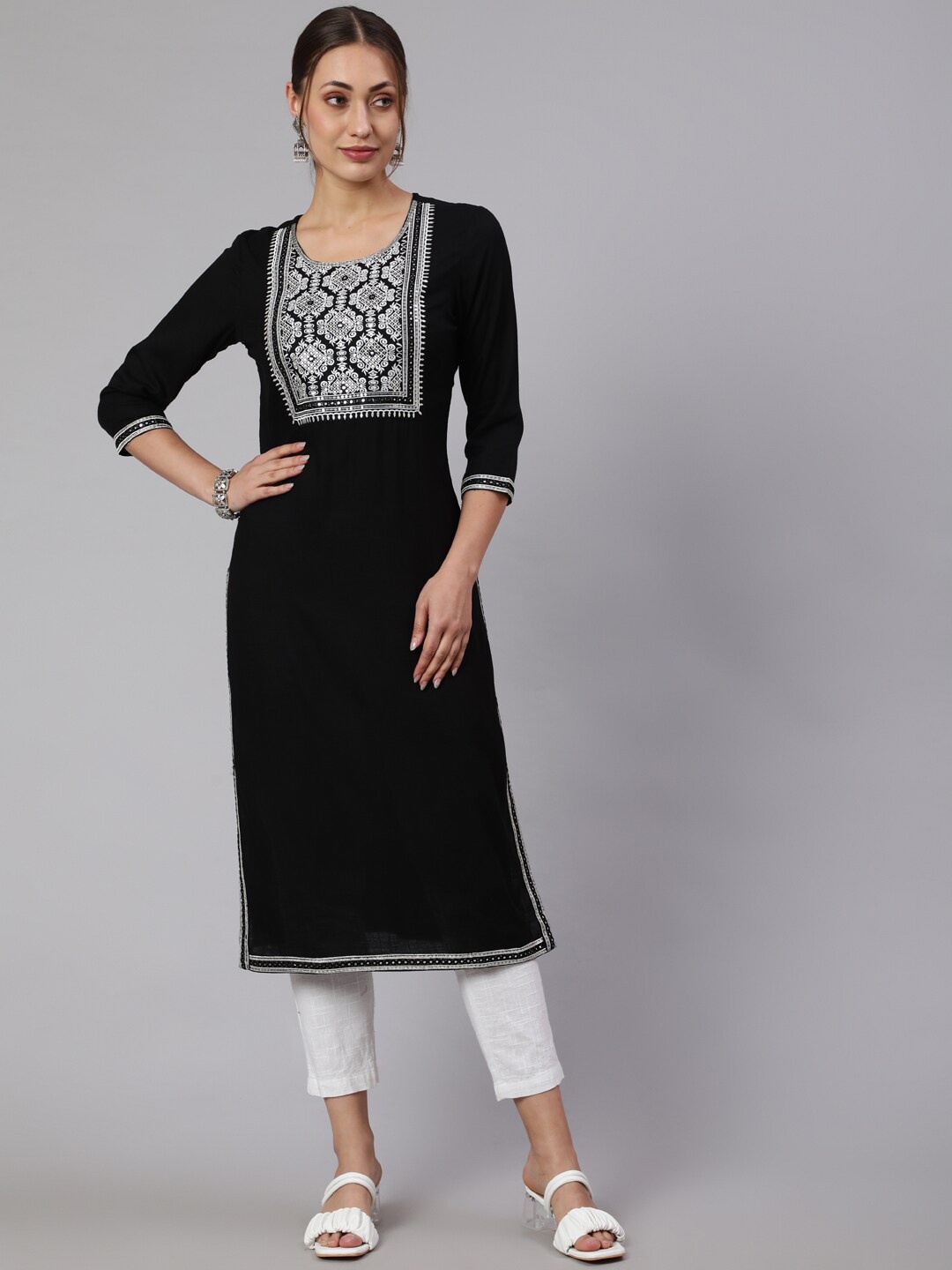

KALINI Ethnic Motifs Yoke Design Thread Work Kurta, Black