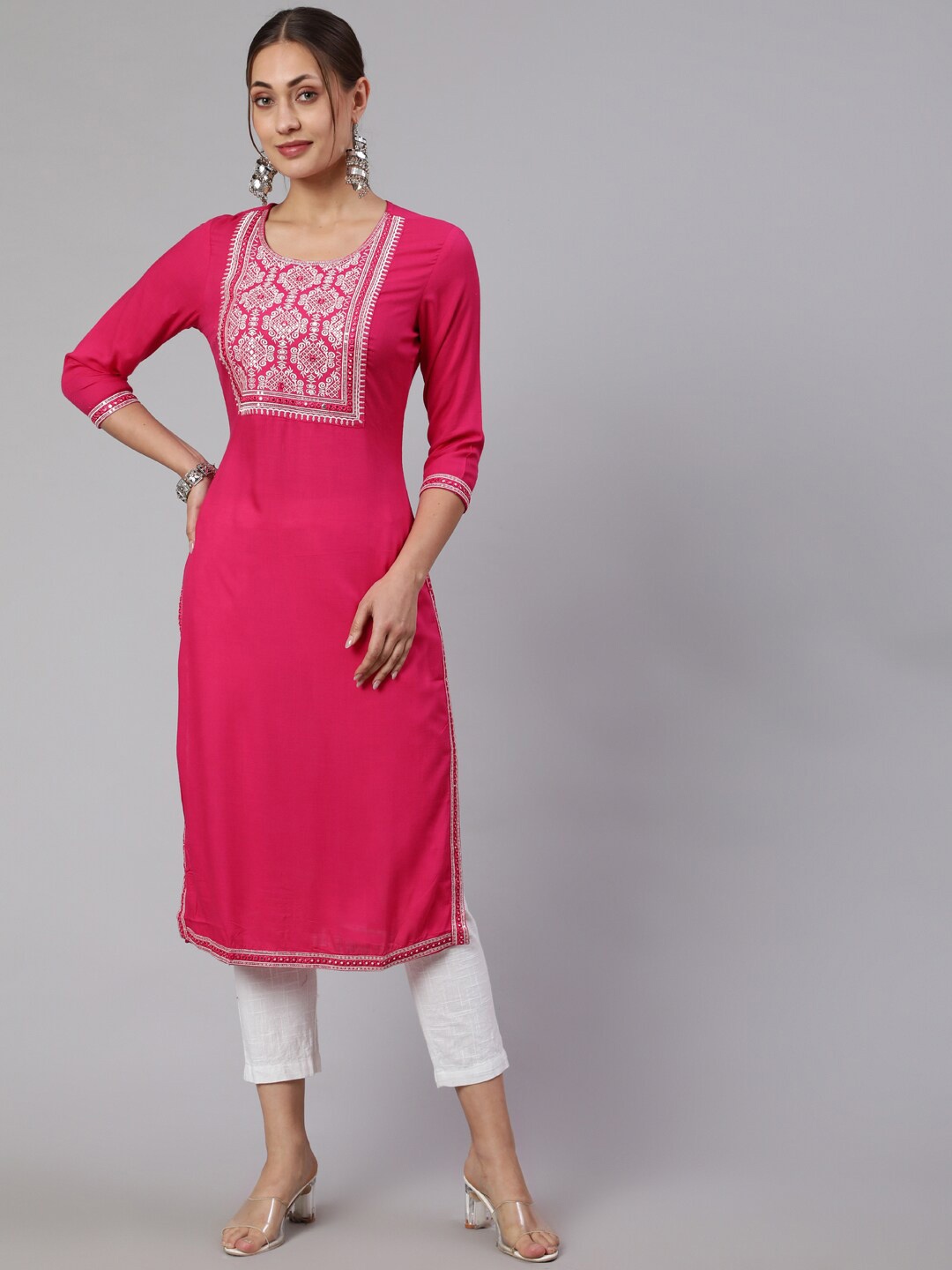 

KALINI Ethnic Motifs Embroidered Straight Kurta, Pink